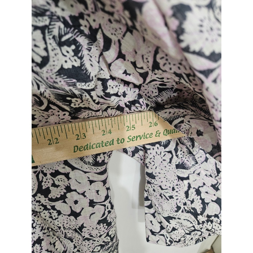 Anthropologie Floral Button Down Blouse Pink Black Pom Pom Trim Cotton 2X - Picture 7 of 10